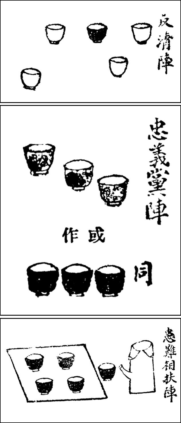 茶碗阵。原刊《中国秘密社会史》。上图 “反清阵”,唯中央茶碗有茶,余皆空碗,当 弃中央碗中之茶,任取余四碗,注茶饮之。 中图“忠义党阵”,取其居中之茶饮之。下图 “患难相扶阵”,取盘外一茶碗,置于四碗 之中央,然后饮之。.jpg 茶碗阵。原刊《中国秘密社会史》。上图 “反清阵”,唯中央茶碗有茶,余皆空碗,当 弃中央碗中之茶,任取余四碗,注茶饮之。 中图“忠义党阵”,取其居中之茶饮之。下图 “患难相扶阵”,取盘外一茶碗,置于四碗 之中央,然后饮之。.jpg