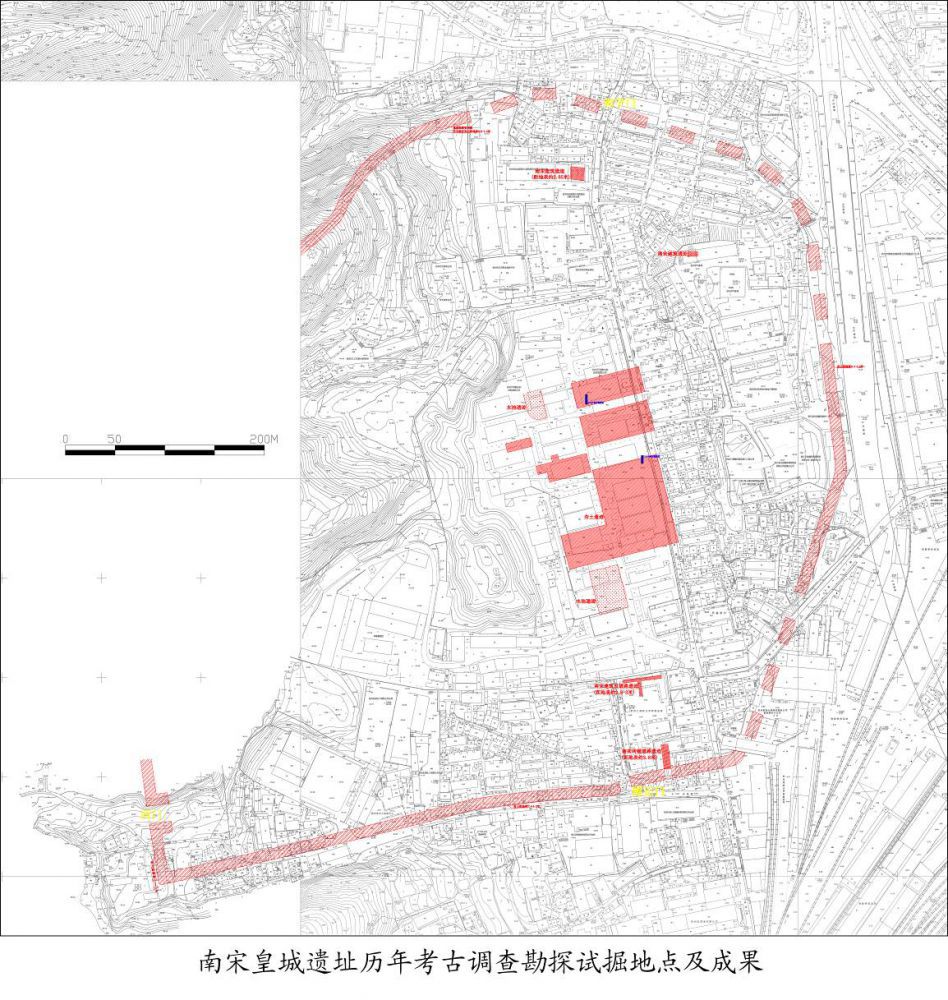 图1 南宋皇城遗址历年考古调查勘探试掘地点及成果.jpg 图1 南宋皇城遗址历年考古调查勘探试掘地点及成果.jpg